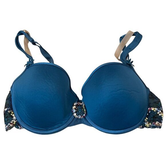 Chantelle Embroidered Lace Underwire Bra 32D Cup Adjustable Straps Blue & Multic - Picture 1 of 5
